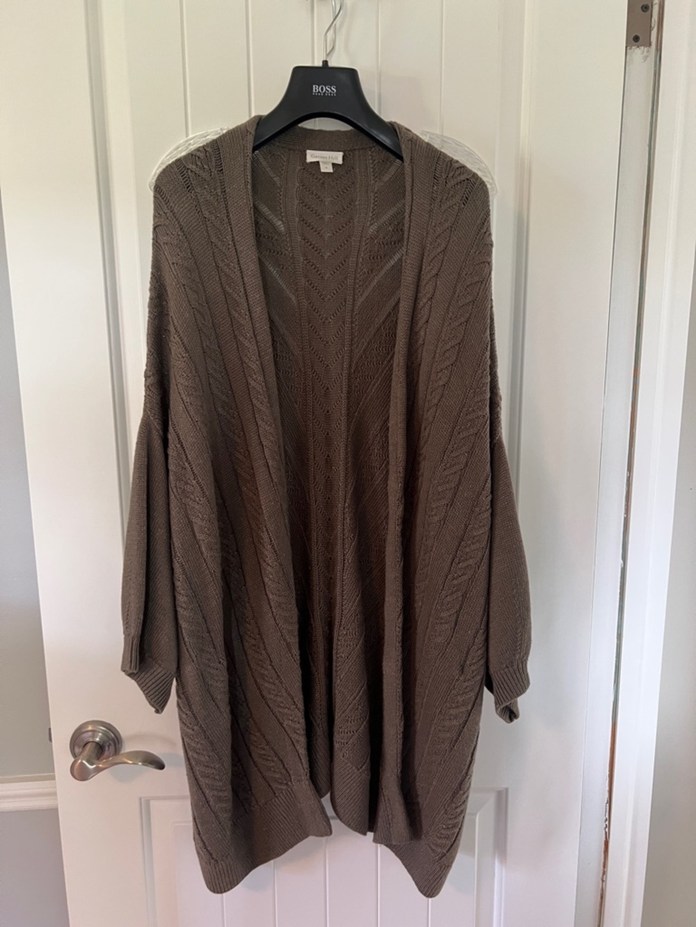 Garnet Hill Taupe-Brown Cable Knit Open Cardigan
